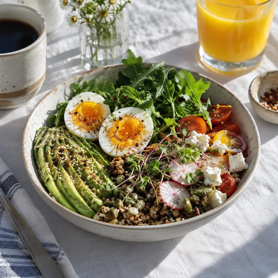 Photorealistic AI Instagram post of a brunch bowl on linen in daylight
