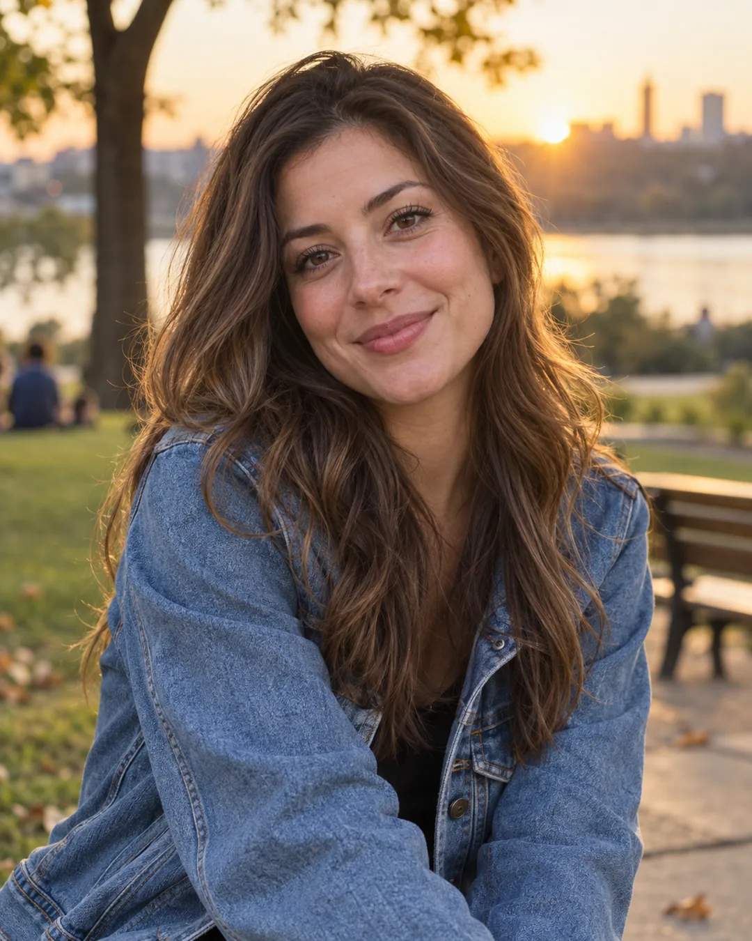 Photorealistic AI Instagram portrait of a smiling woman outdoors at golden hour