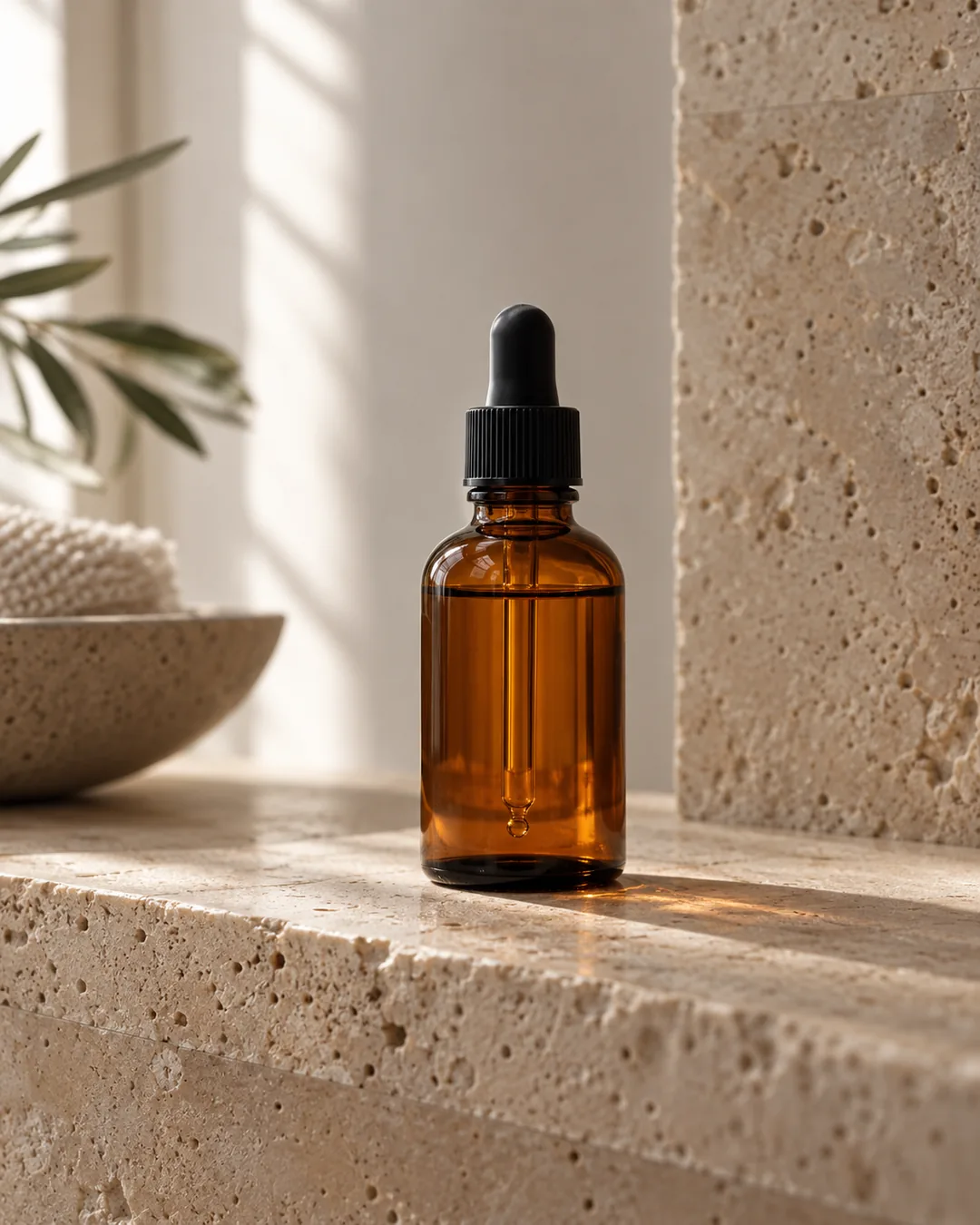 Photorealistic AI Instagram post of a skincare bottle on stone in soft window light
