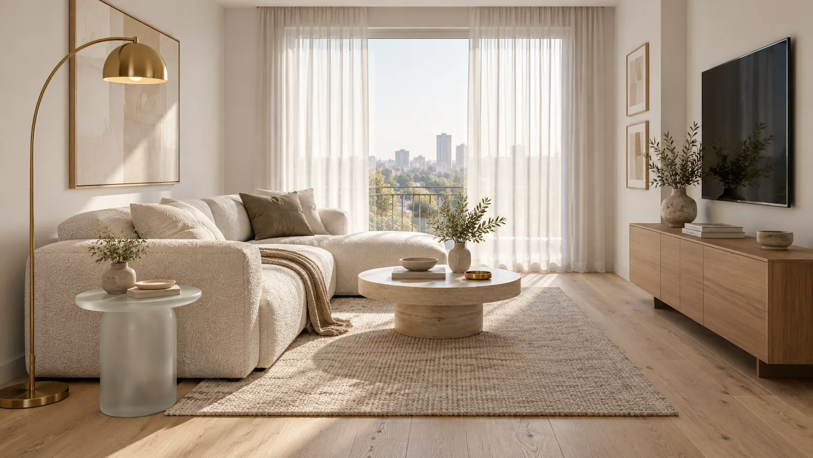 Small living room in 3D render style with white oak floor, linen sofa, brushed brass lamp and soft studio light, eye-level view