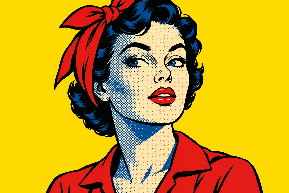 Pop-art portrait with red clothing, blue halftone shadows and a yellow background