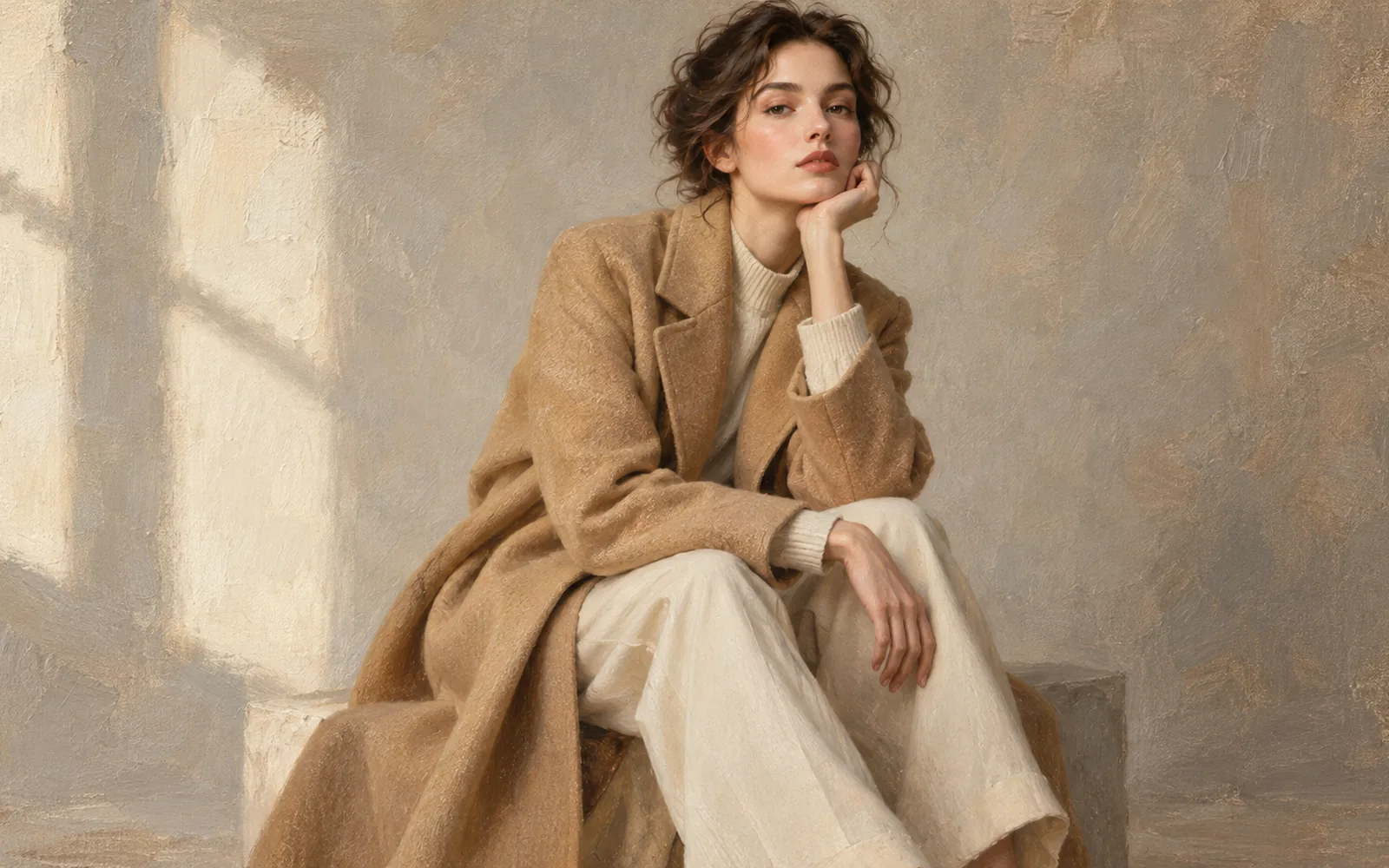 AI fashion lookbook studio portrait of camel wool coat in oil-painting style with linen canvas texture