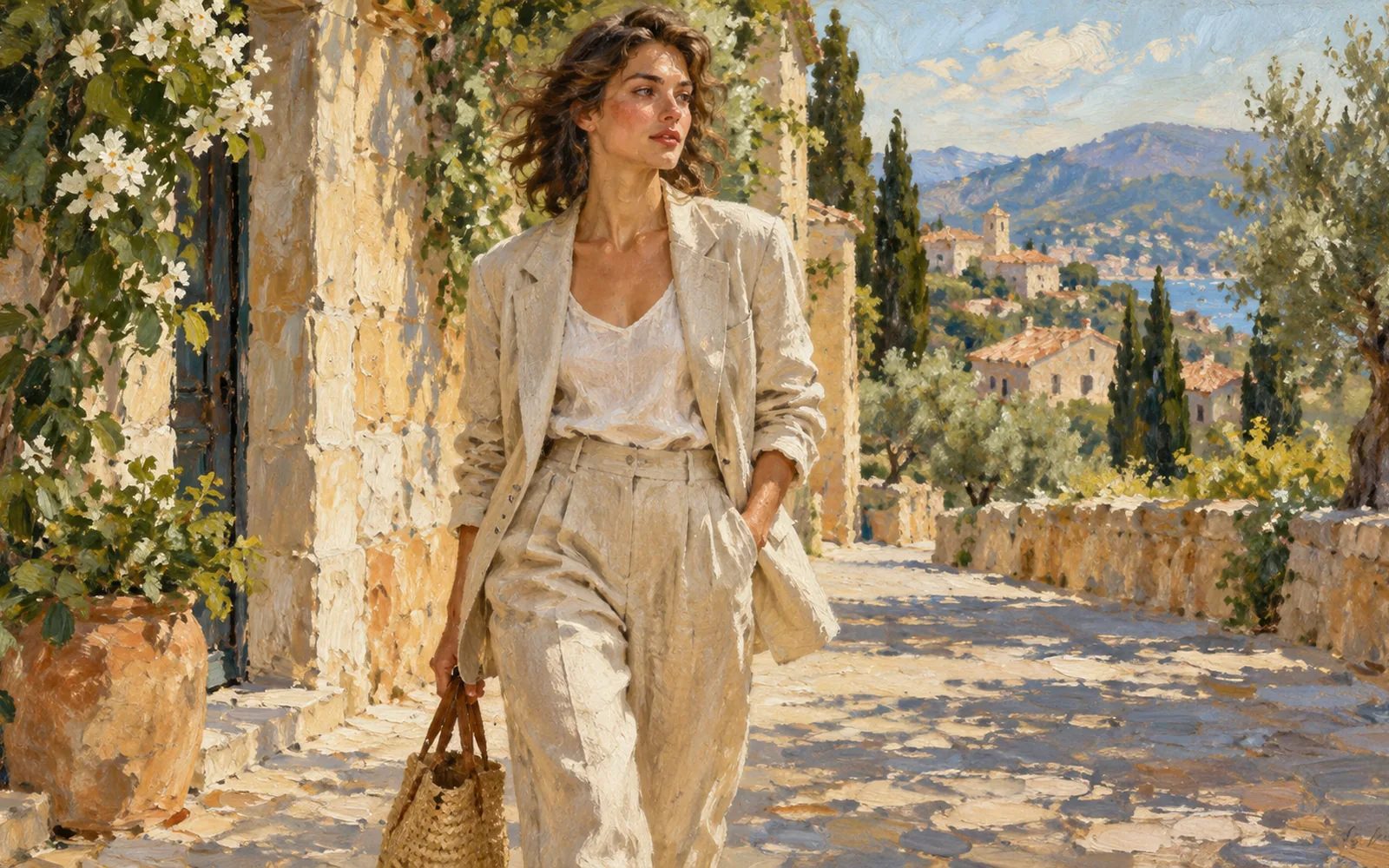 AI fashion lookbook outdoor portrait of linen suit in Impressionist oil-painting style with visible brushwork