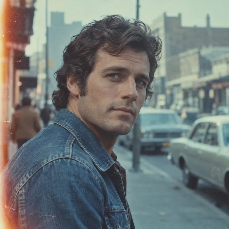 AI headshot in vintage photo style, faded Ektachrome look with cyan shift and light leak