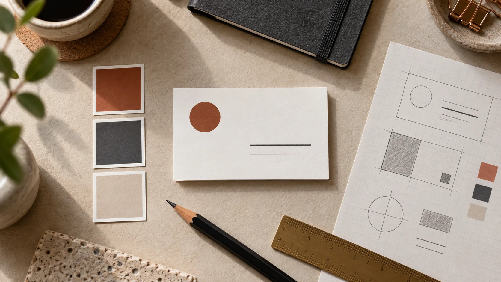 Business card prompt brief shown as palette swatches, layout blocks and a blank card on a desk
