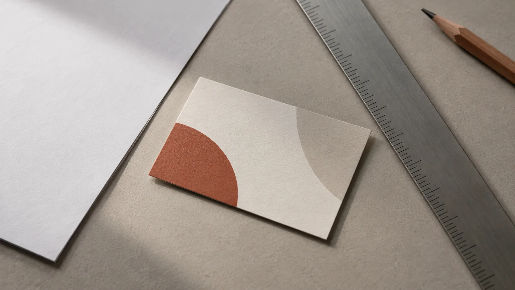Blank business card proof beside a ruler and paper under soft office light