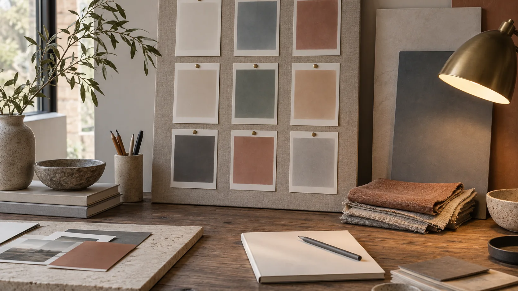 A blank visual brief laid out as pinned colour chips and a fabric sample on a studio worktable under a warm lamp