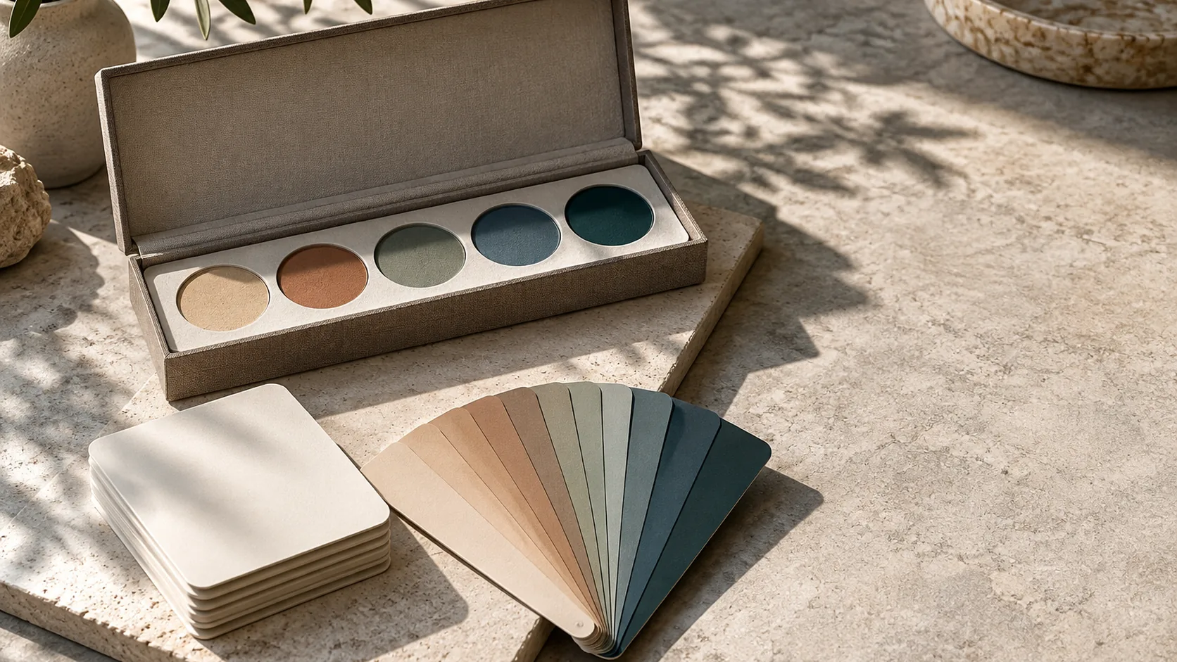 An open style-pack case with colour wells, gradient strips and blank sample cards on a worktable