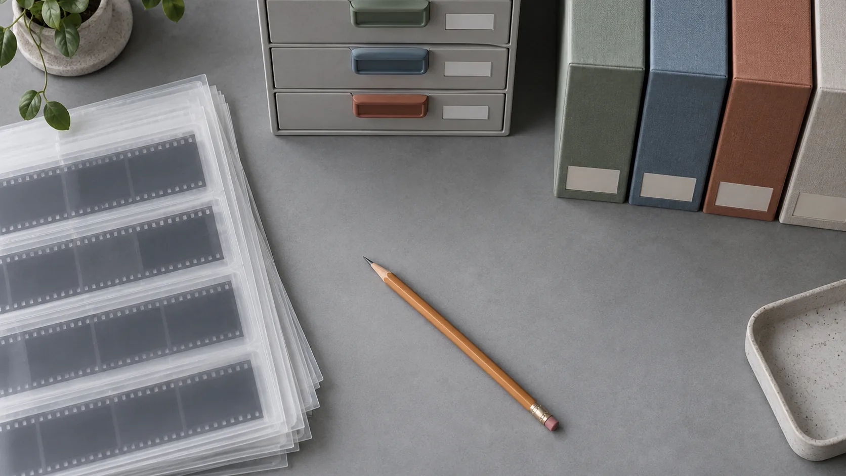 A flat-lay of an organised creative archive with sleeves, colour-coded boxes and storage drawers