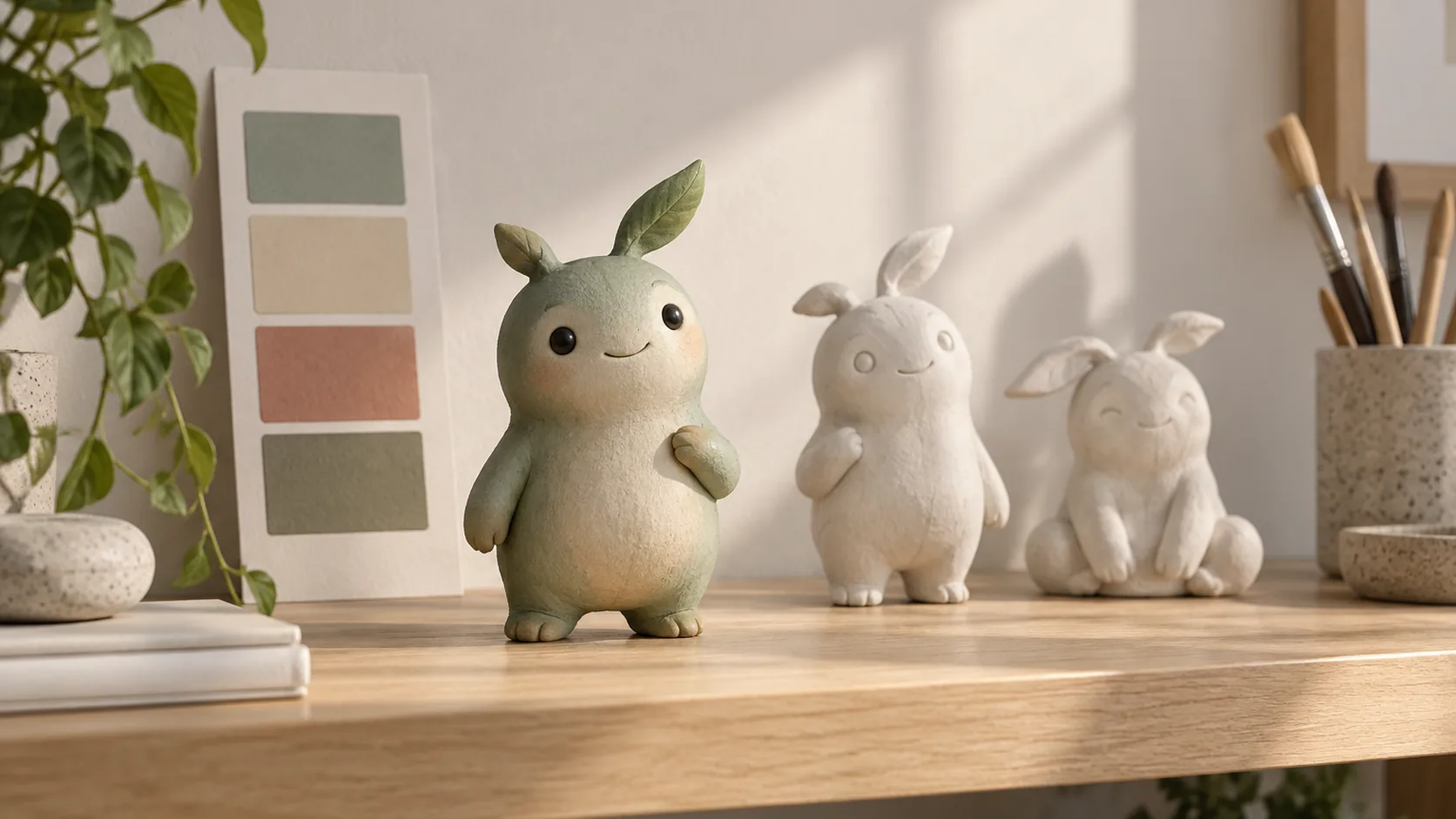A painted clay mascot creature with two blank plaster maquettes on a pale oak studio shelf