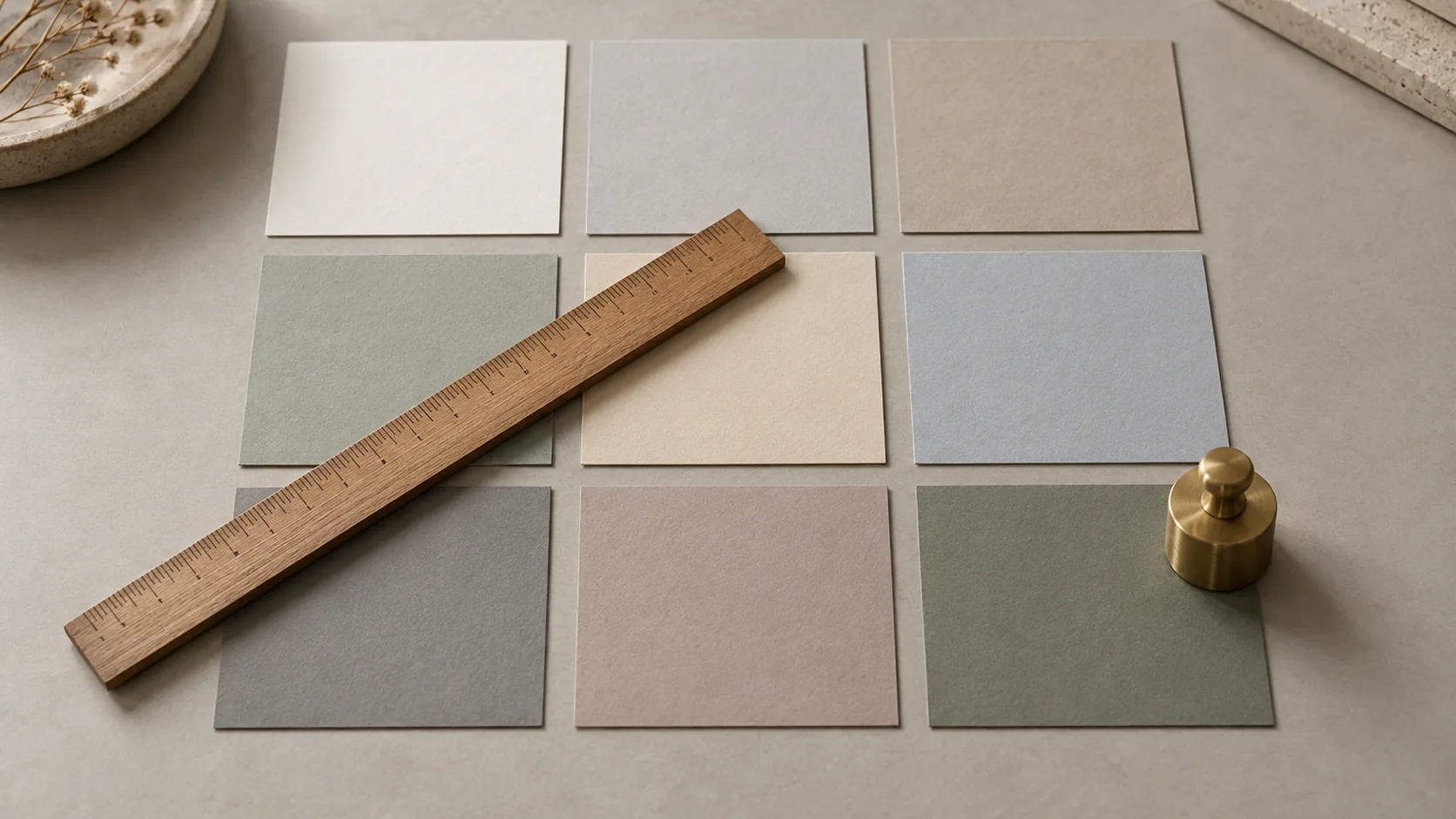 Nine blank colour-proof cards in a three-by-three grid with a wooden ruler laid across them